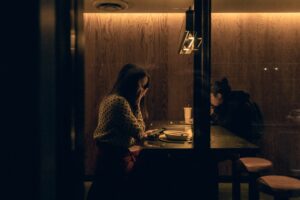 japanese woman cafe evening thinking
