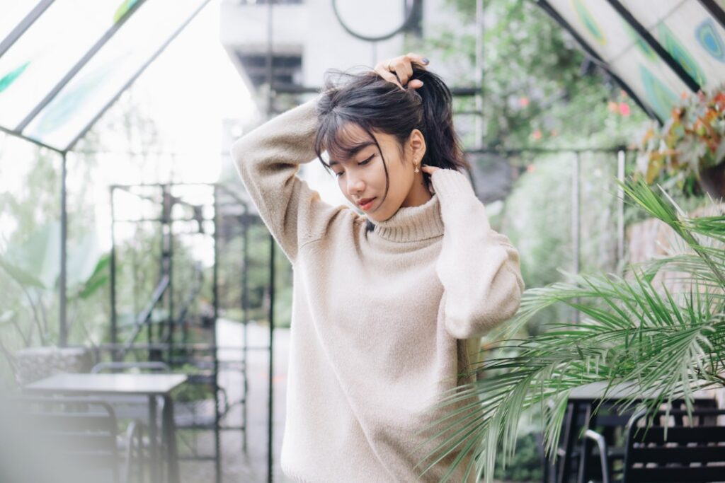japanese woman cafe thinking