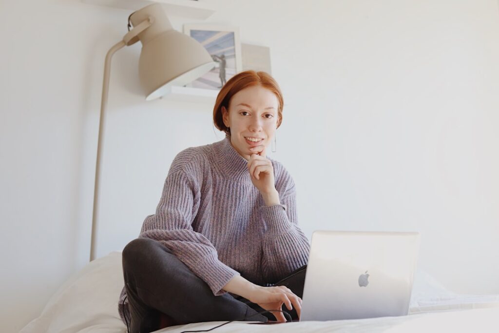 japanese woman thinking decision laptop
