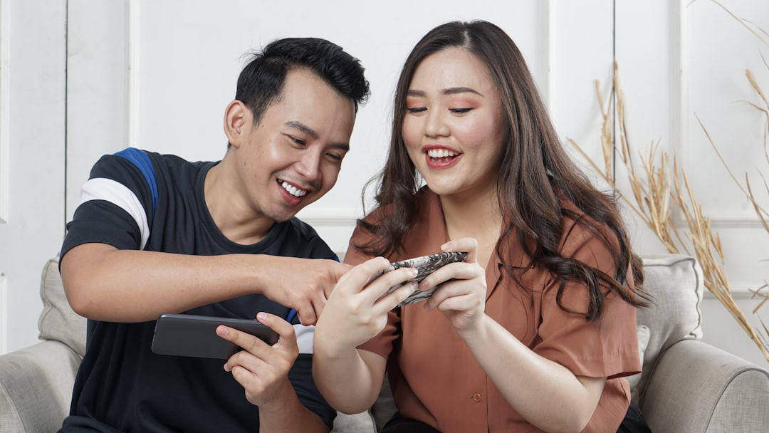 happy couple smartphone match