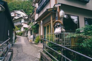 woman looking smartphone rural town japan