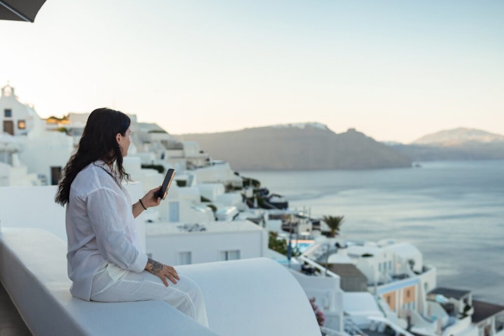 woman using smartphone dating app calm
