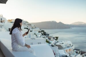 woman using smartphone dating app calm