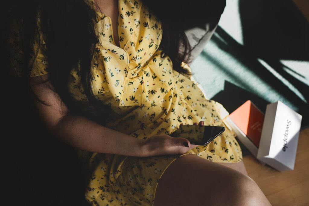 woman using dating app on smartphone calm